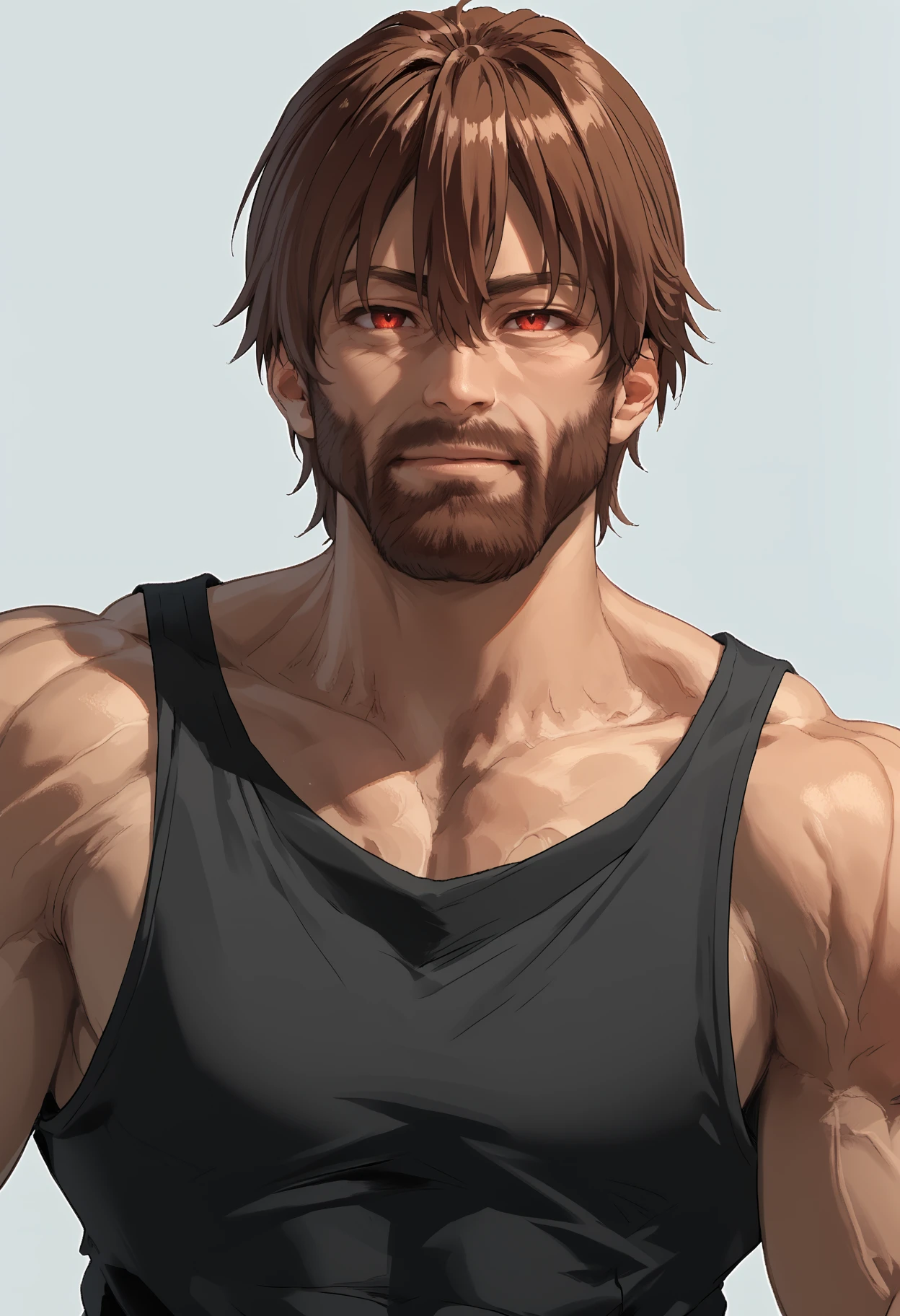 score_9, score_7_up, solo, keyaruroh, brown hair, hair between eyes, red eyes, tank top, gigachad, muscular, facial hair, <segment:yolo-AnzhcFaceseg640v2y8n.pt,0.4,0.3>