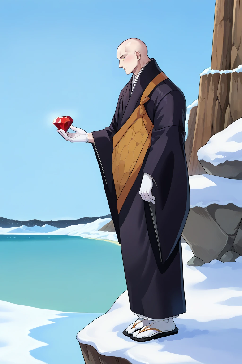 score_9, score_7_up, source_anime, cowboy shot, 1boy, admss, mature male, white skin, bald, yellow eyes, tall, black kimono, kesa, white gloves, tabi, outdoors, winter, snow, cliff, beach, holding gem, red gem, rock, <lora:Hoseki_HousekiNoKuni_Adamant_PDXL_v1:1>