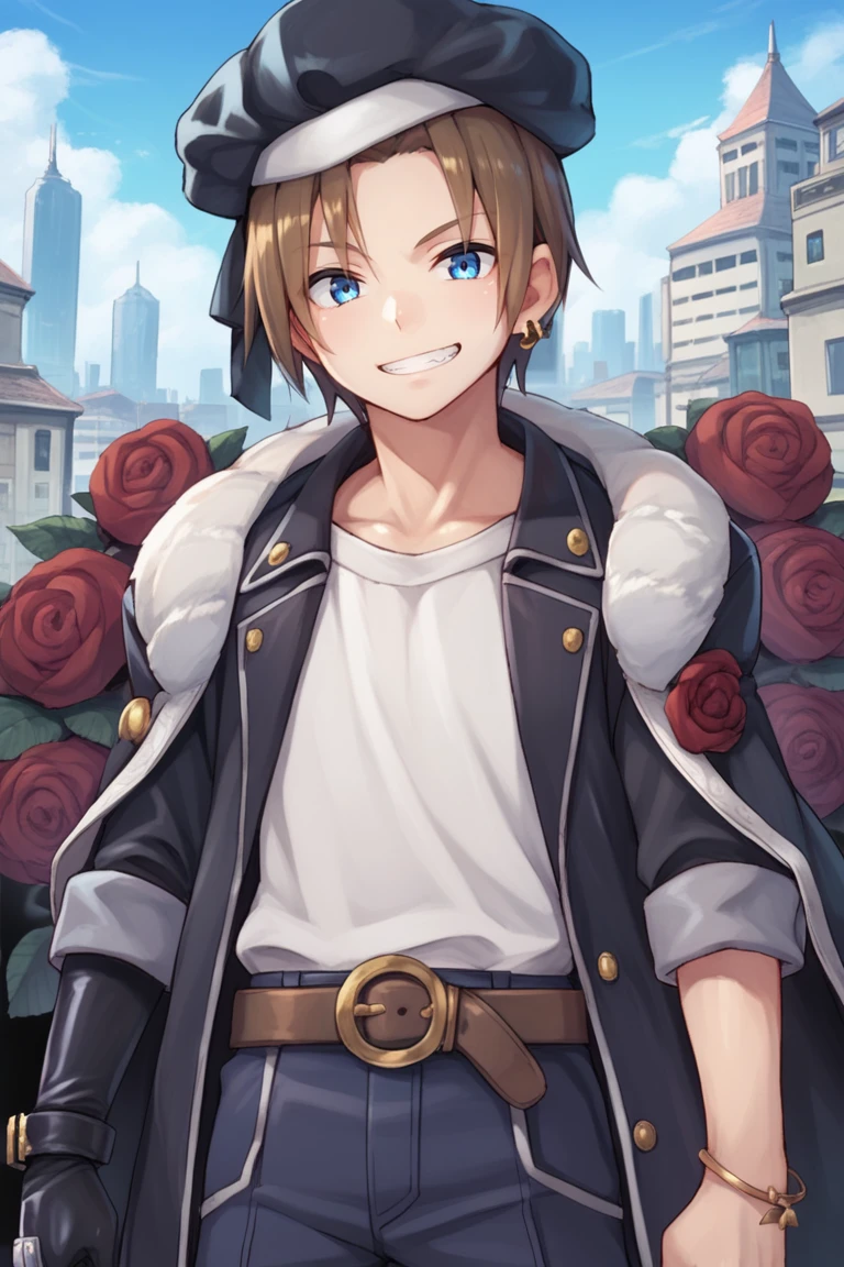 (score_9, score_8_up, score_7_up, score_6_up), source anime, BREAK, <lora:Roswell_Branthese:0.55> , medium hair, RoswDef, 1boy, brown hair, blue eyes, black beret, rose, closed mouth, <lora:VanKaiXL:0.3> , earring, black jacket, fur trim, white shirt, brown belt, black bracelet, black single glove, grin,  looking at viewer, solo, <lora:zy_Detailed_Backgrounds_v1:0.5> , detailed background, highly detailed,  city, skyscrapers, exterior,