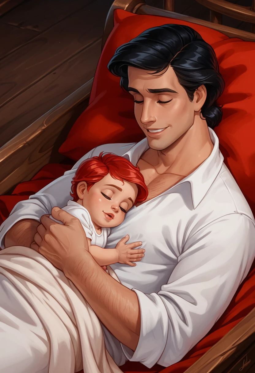 Prince_Eric_LTM, young man (black hair, looks at baby, gaze of love and affection, awake), holding newborn baby (baby has red hair), (baby is wrapped in blanket), newborn, sleeping_baby), on fantasy wooden ship, father and baby, father's love, baby is in father's hands, 
<lora:last:1>, <lora:add-detail-xl:1>, <lora:zPDXL3:1>, zPDXL3