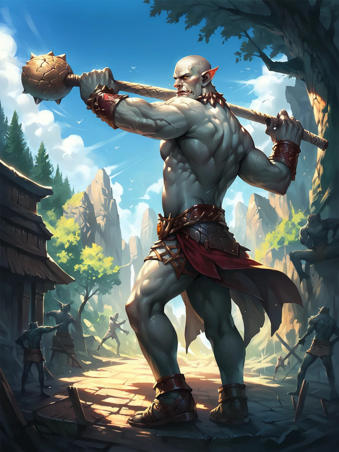 troll, belly, male focus, giant, white skin, yellow eyes, monster, standing, holding a club, above the trees, sky, solo, from side, <lora:Lineage_2_r1:0.8>, score_9, score_8_up, score_7_up