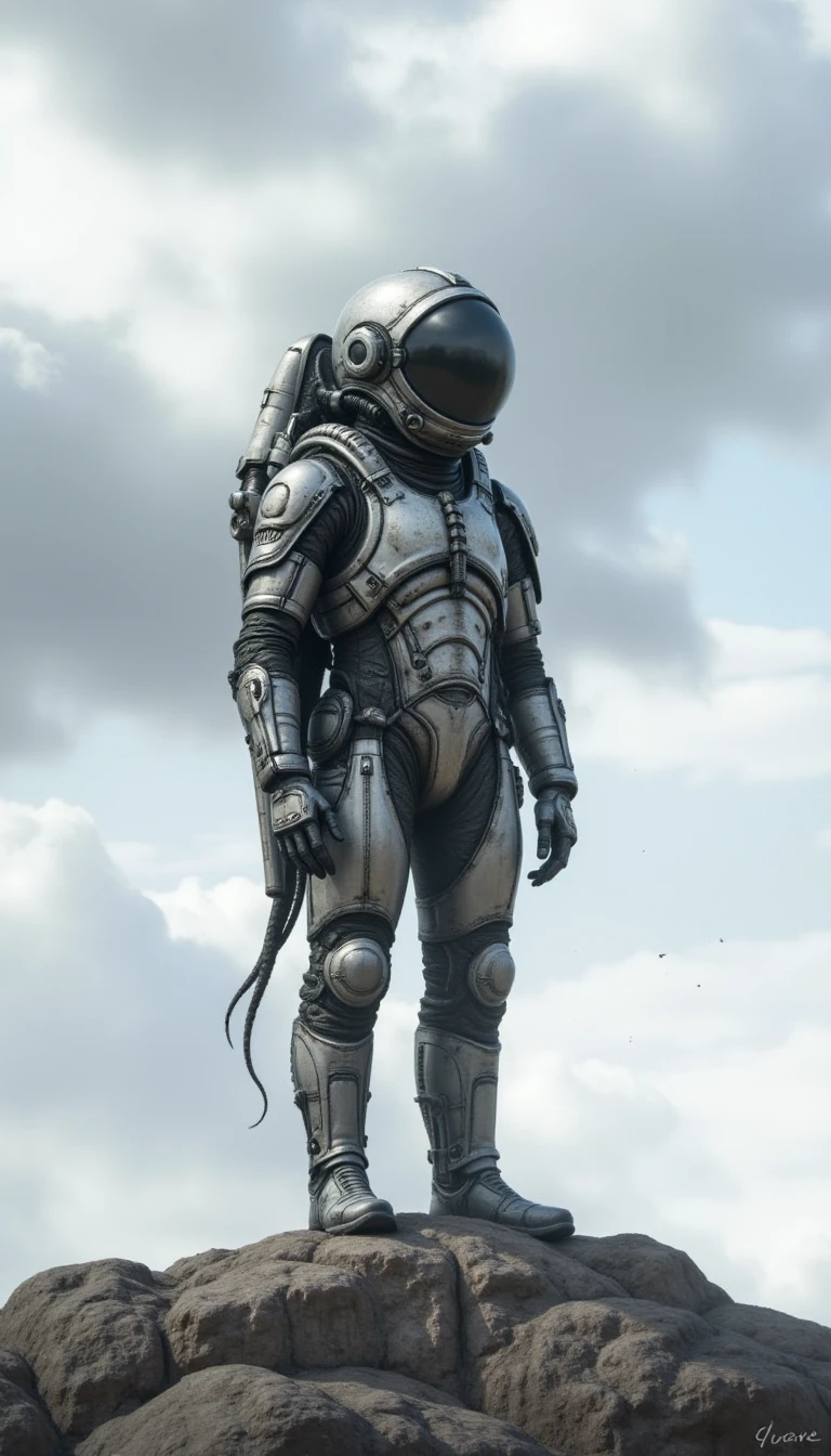 helmet, cloudy sky, spacesuit, spacecraft, standing, long hair by giger