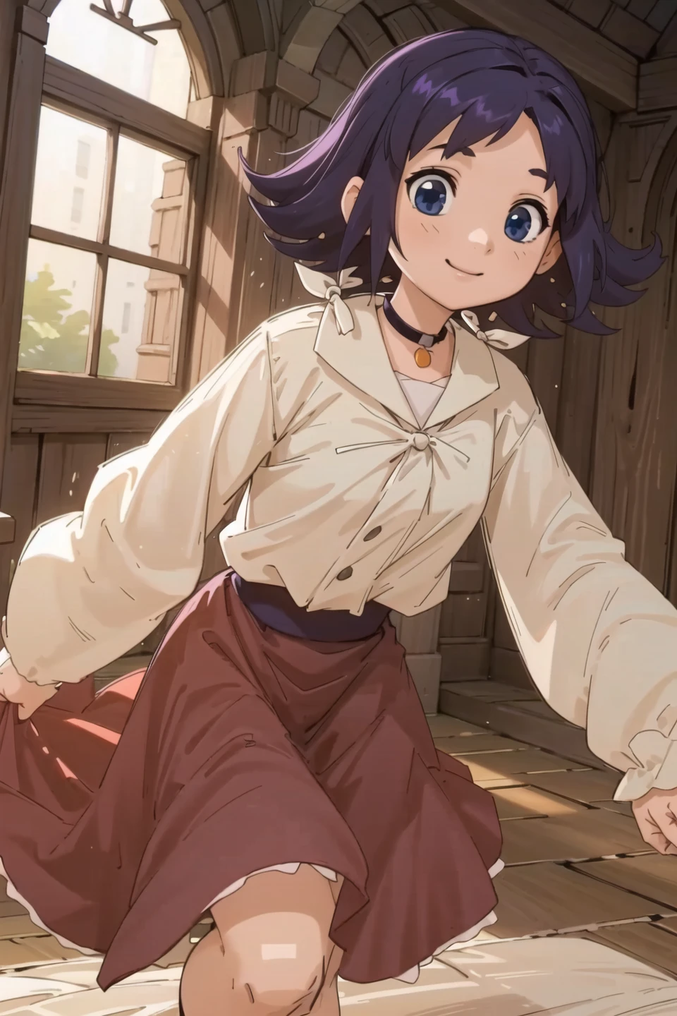 masterpiece, best quality, 1girl, masterpiece, highest quality, high quality, fantasy setting, extremely detailed background, 1girl, clotho, smile, indoors, inside a castle, <lora:clotho:1>, red dress, white shirt, purple hair, blue eyes, choker, running, detailed eyes