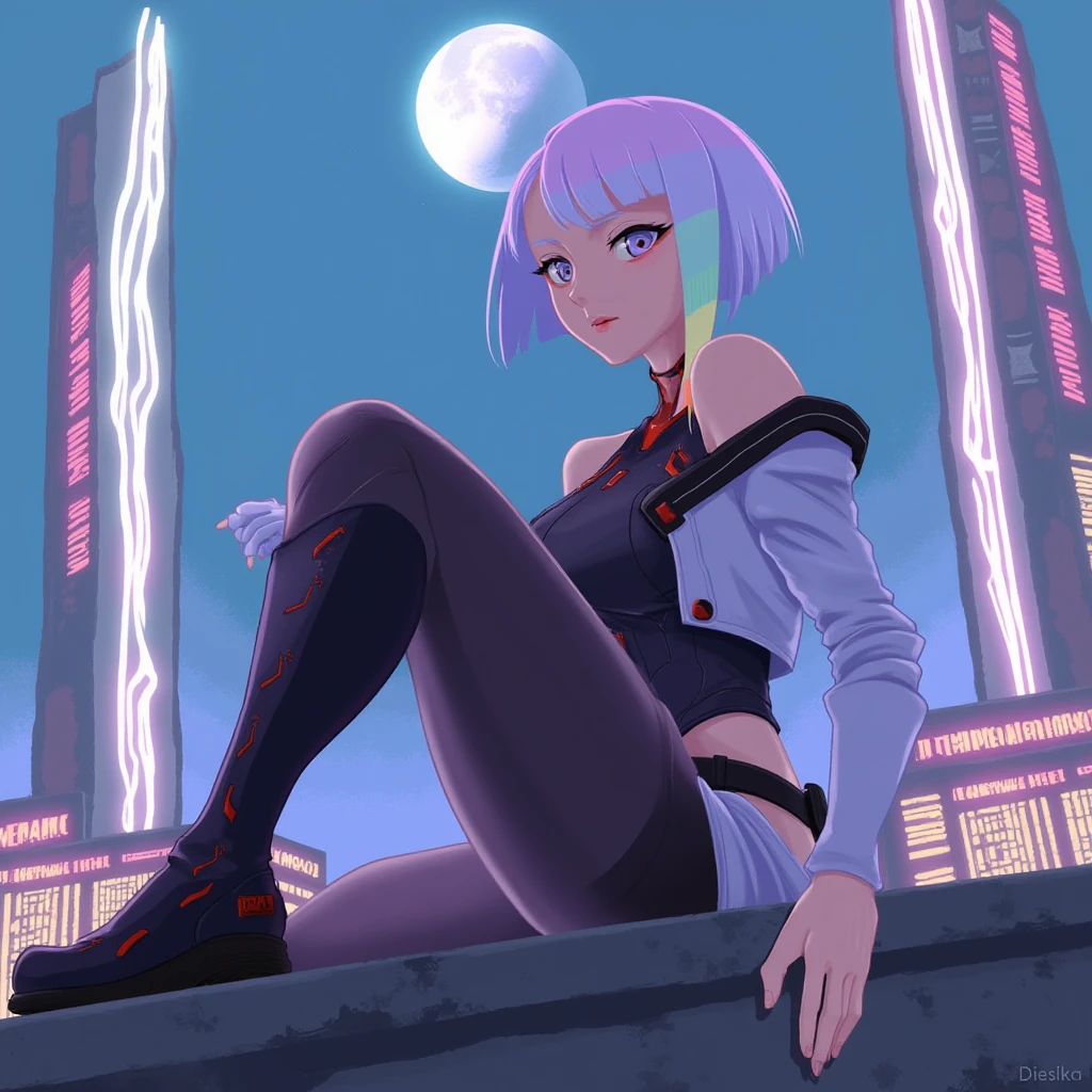 Lucy is a female character with short,silver hair. She has a slender build and is wearing a black,form-fitting outfit with red accents. The outfit includes a white jacket with black straps,black thigh-high boots,and a black belt with a holster. She is also wearing a choker around her neck. Lucy is posed in a dynamic stance,looking off into the distance,with her right hand resting on a ledge. The background of the image showcases a futuristic cityscape with tall skyscrapers,some of which are illuminated. A large moon or planet is visible in the sky,casting a soft glow over the city