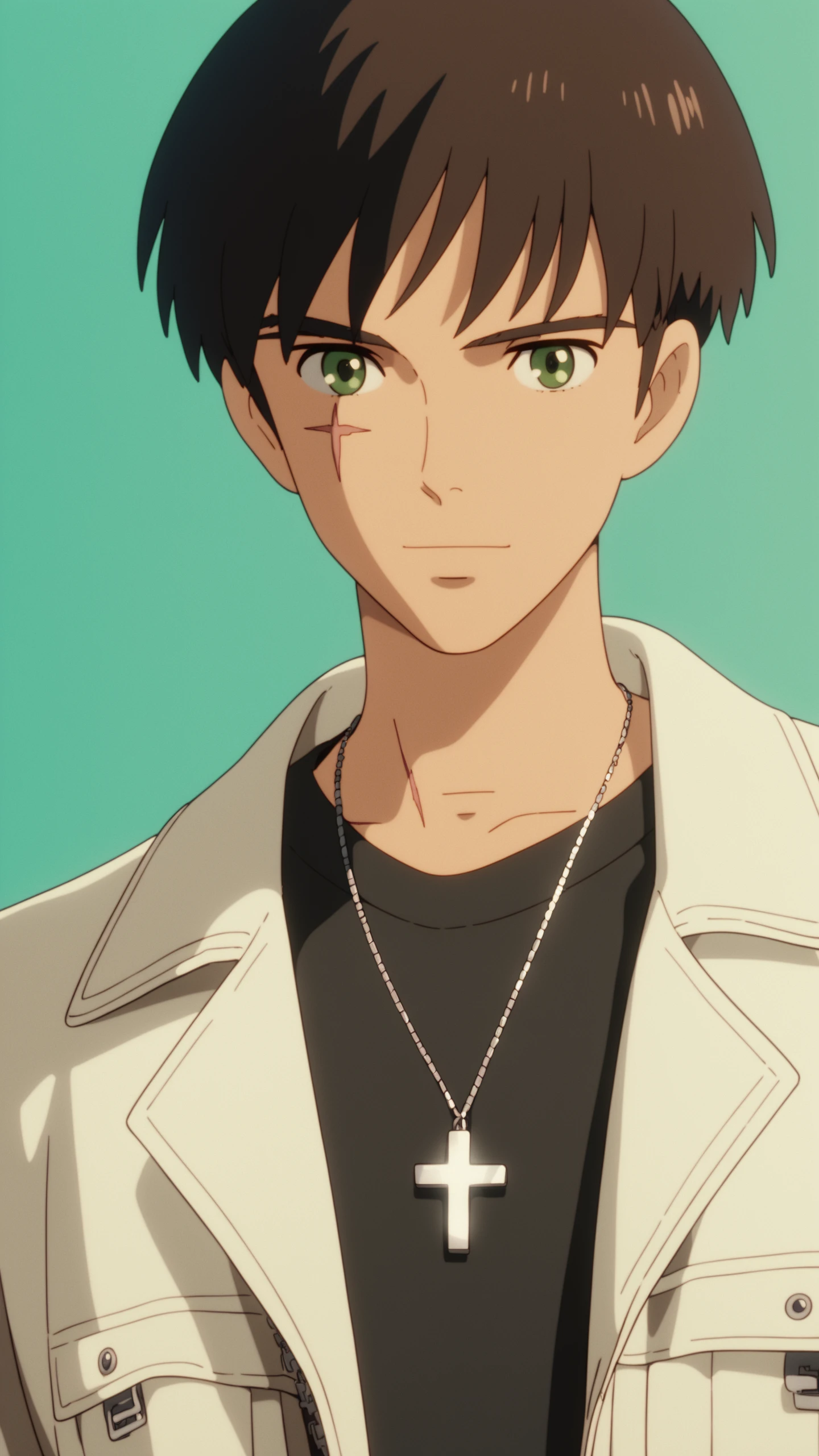 ghibli, score_9, score_8_up, score_7_up, i want the whole image to be created in 3D anime style, solo, looking at viewer, short hair, brown hair, shirt, black hair, 1boy, jewelry, green eyes, jacket, upper body, male focus, necklace, black shirt, scar, white jacket, cross, black background, cross necklace