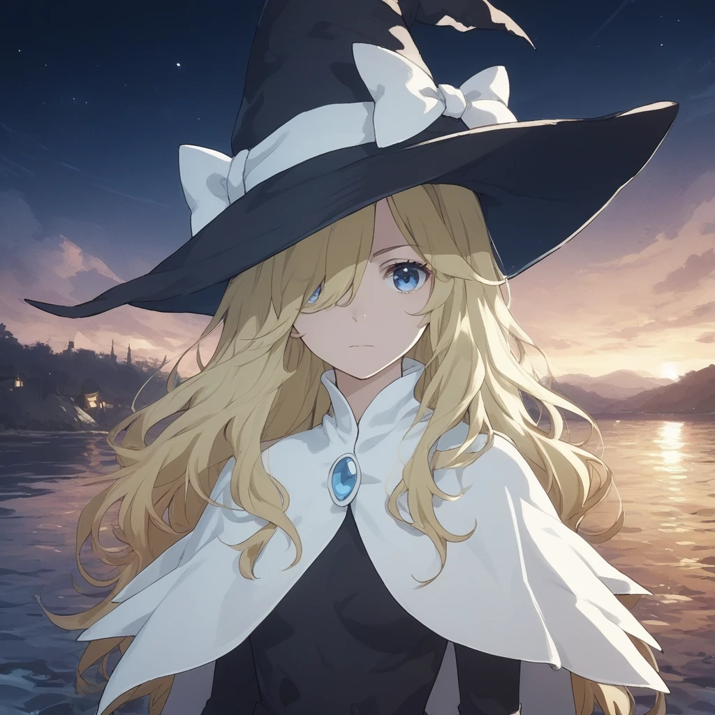 score_9, score_8_up, score_7_up, score_6_up, marie-spearhead, toaru, 1girl, hat, blonde hair, solo, witch hat, blue eyes, long hair, hat bow, bow, looking at viewer, hair over one eye, capelet, closed mouth, anime coloring, white bow, upper body, sky, water, night