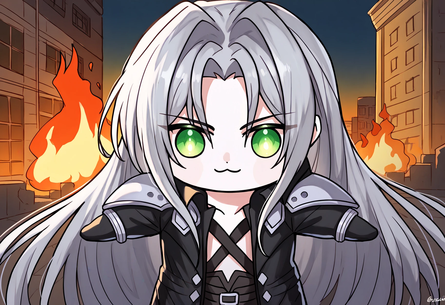 score_9, score_7_up, <lora:StS_PonyXL_Detail_Slider_v1.4_iteration_3:4> cowboy shot, fire in background, burning building, burning, outstretched arms, fiery background, burning streets
<lora:FFVII_Sephiroth_V1.0:0.8> sephiroth, official outfit, 1boy, male focus, solo, long hair, grey hair, armor, open clothes, shoulder armor, long sleeves, pectorals, black jacket, jacket, very long hair, parted bangs, black gloves, high collar, long bangs, black coat, green eyes, slit pupils, looking at viewer, fire reflection on eyes, glistening eyes, fire reflection
<lora:Doro_X_PDXL_V1:1> doro, creature, :3, chibi, no humans, white skin, four legs