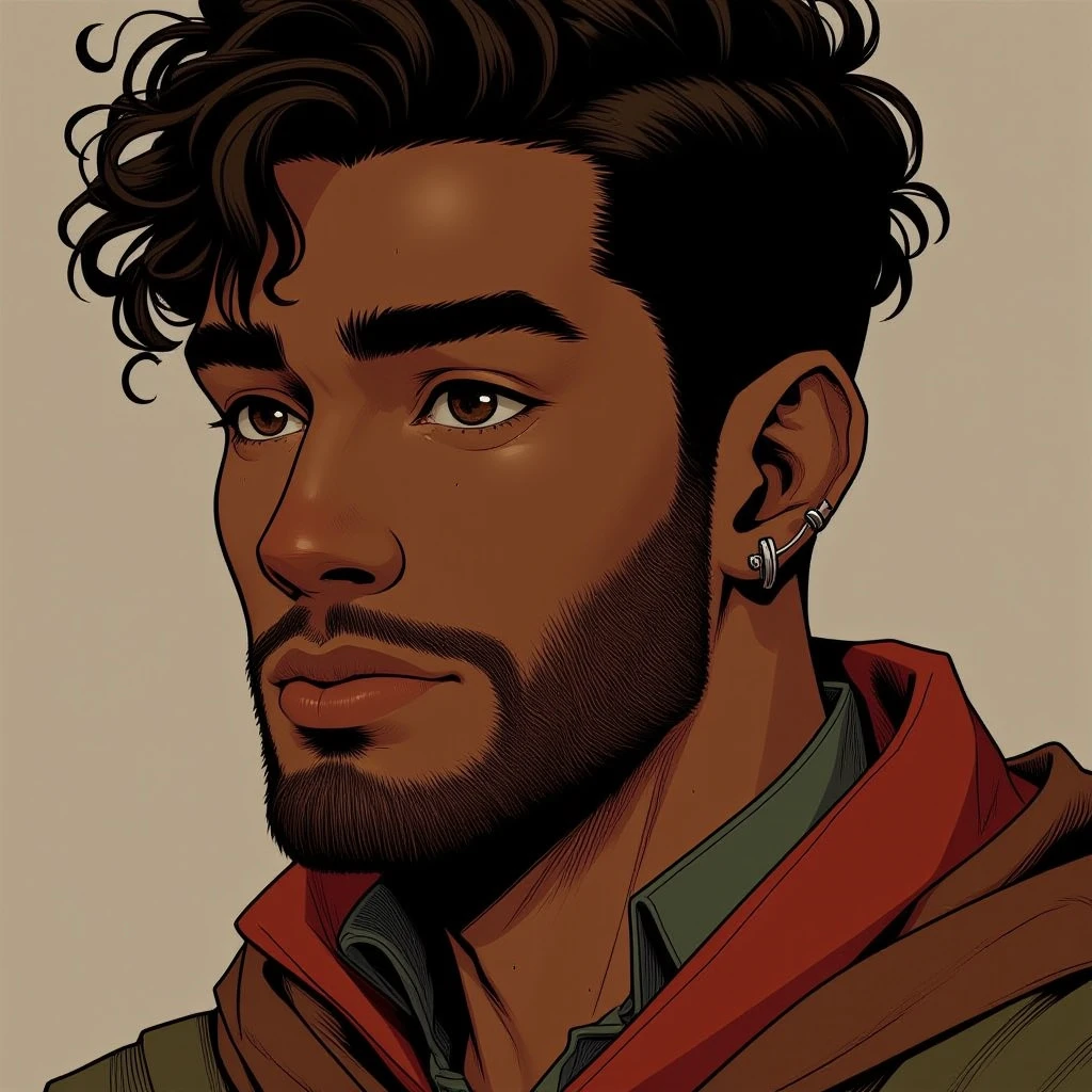 1boy, male focus, solo, dark-skinned male, dark skin, facial hair, earrings, jewelry, beard, black hair, thick eyebrows, brown eyes