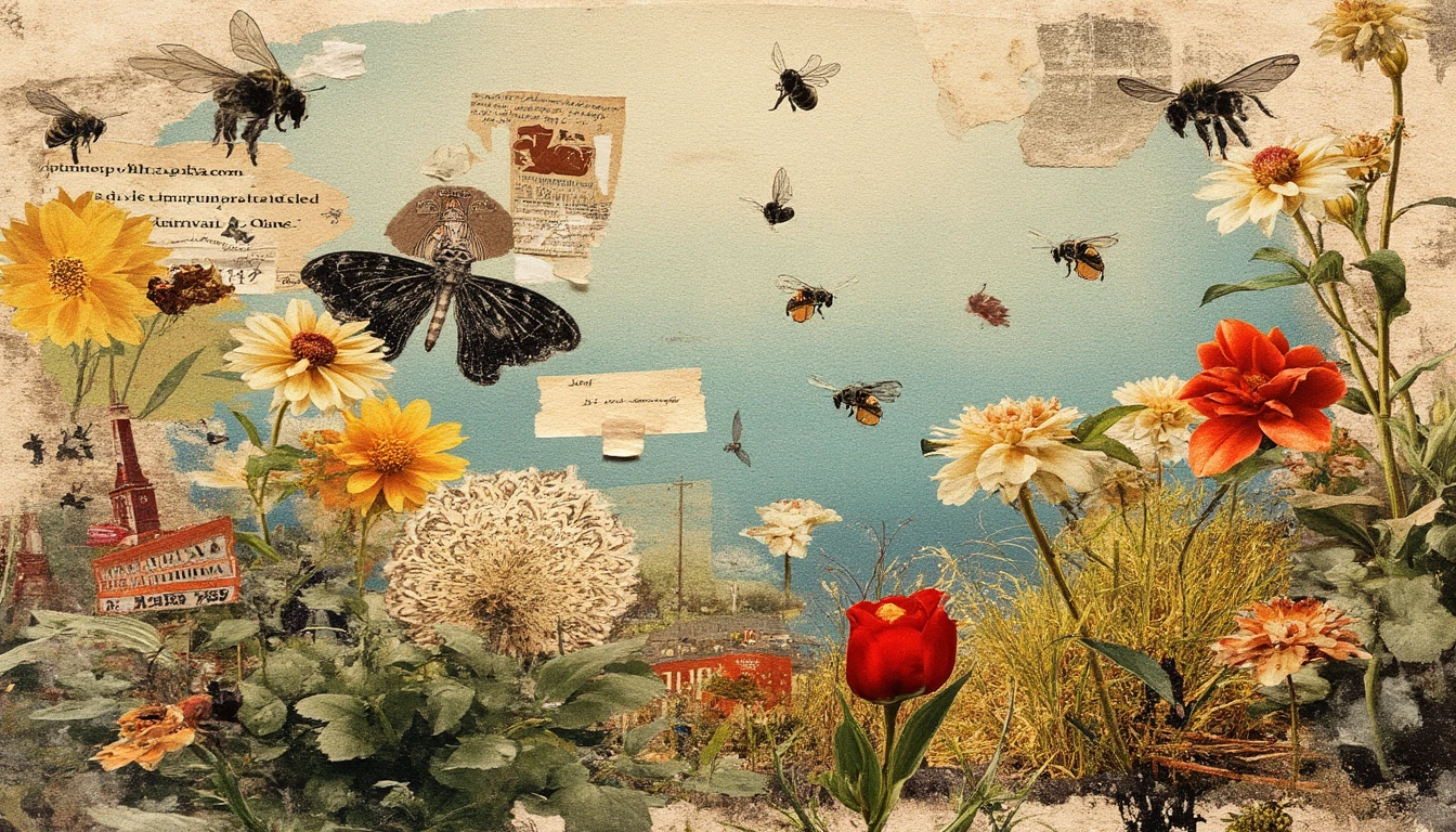 mm_collage, crazy landscape, collage, flowers, bees, torn paper, magazine pages