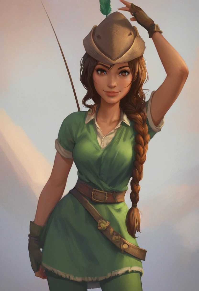 score_9, score_8_up, score_7_up, 1girl, solo,  carol_of_the_arrow, brown hair, brown eyes, dark skin, braid, long hair, belt, hat, green tunic, green tights, dynamic posing, dynamic angle, looking at viewer, light smile, simple background