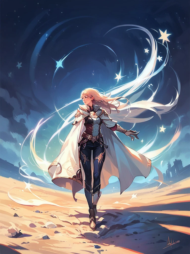 an adult woman walking in the magic dune, sand and wind, night sky are full of stars, wearing white cape, <lora:Lineage_2_r1:0.8>, score_9, score_8_up, score_7_up