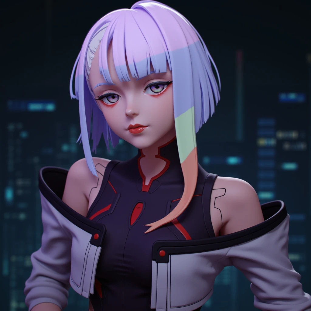 3d render, short hair, lucy (cyberpunk), 1girl, bangs, multicolored hair, red eyeliner, jacket, makeup, cyberpunk, white hair, bare shoulders, red lips, multicolored eyes, bodysuit, off-shoulder jacket, breasts, parted bangs, night, open clothes, off shoulder, blunt bangs