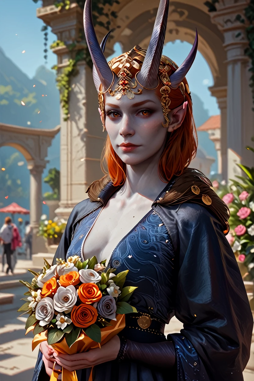 score_9, score_8_up, score_7_up, score_6_up
<lora:BGMizora:1.0>
BGMizora, 1girl, orange hair, horns, grey skin, hair ornament, pointy ears, looking at viewer, as the cover model for a fashion magazine, Holding a bouquet of flowers