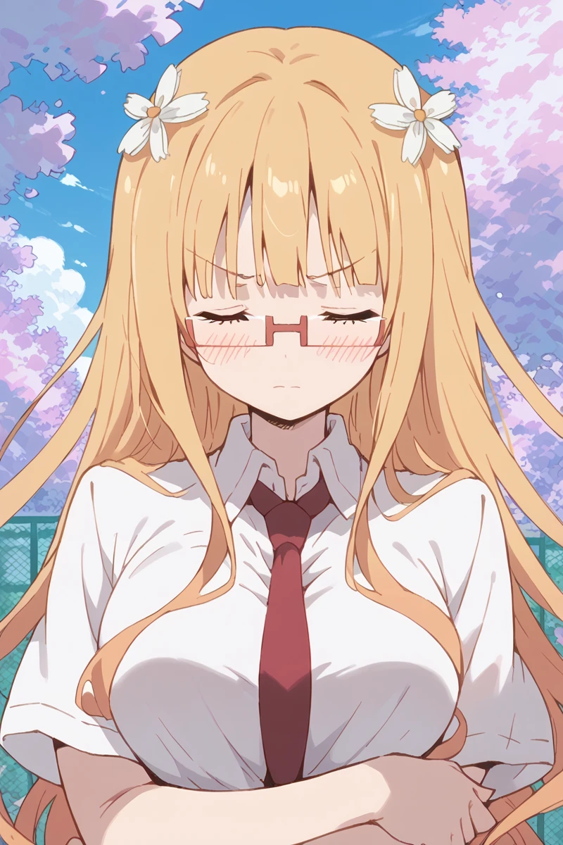 score_9, score_8_up, score_7_up, score_6_up,
 <lora:Mitsuki_Sonoda:1> mitsuki, 1girl, solo, long hair, glasses, closed eyes, blush, necktie, hair ornament, flower, hair flower, blonde hair, crossed arms, school uniform, upper body