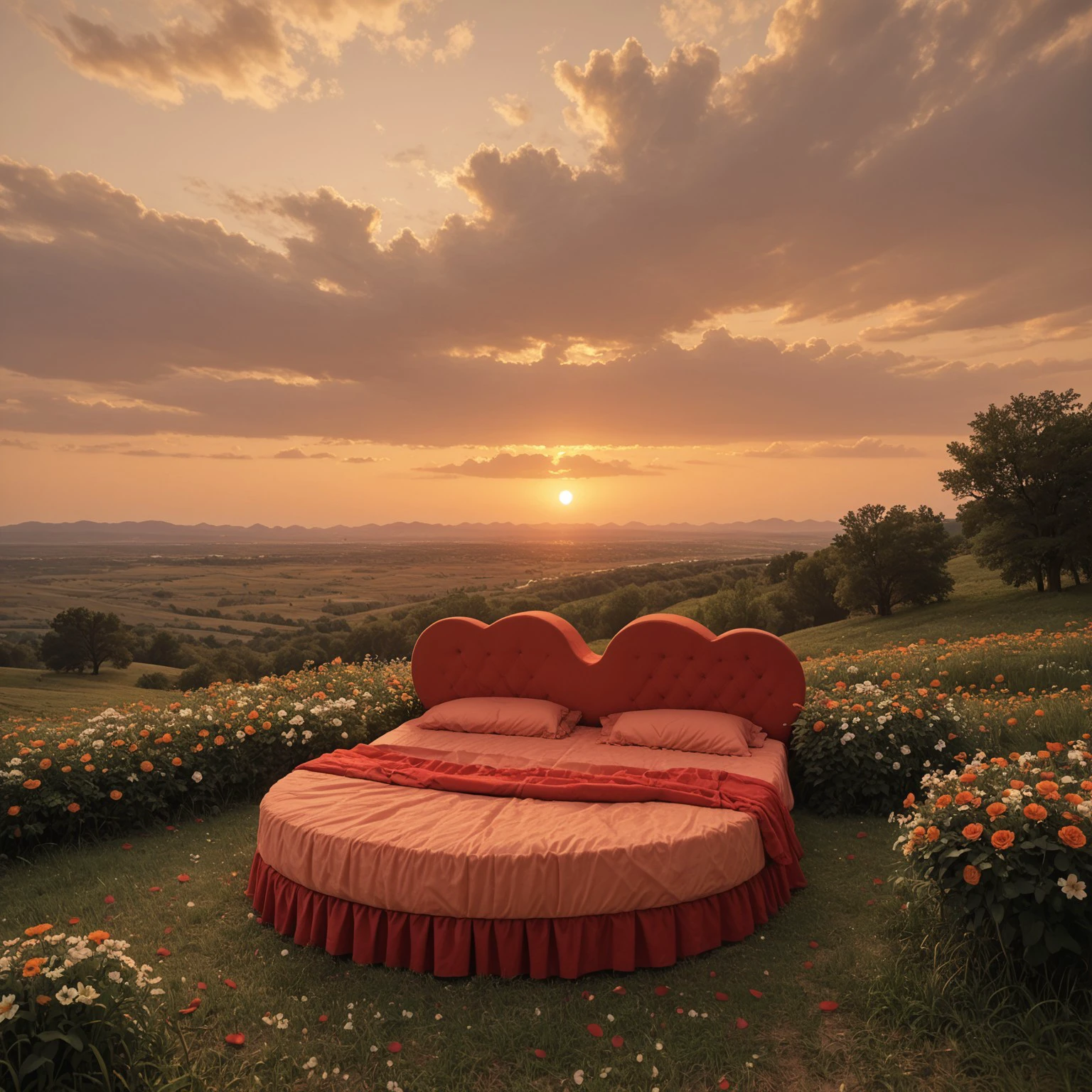 score_9, score_8_up, score_7_up, ((no humans), scenery), detailed background,
(heartbed) on top of hill, sunset, landscape, windy, flower petals, romantic, summer evening, red and orange theme