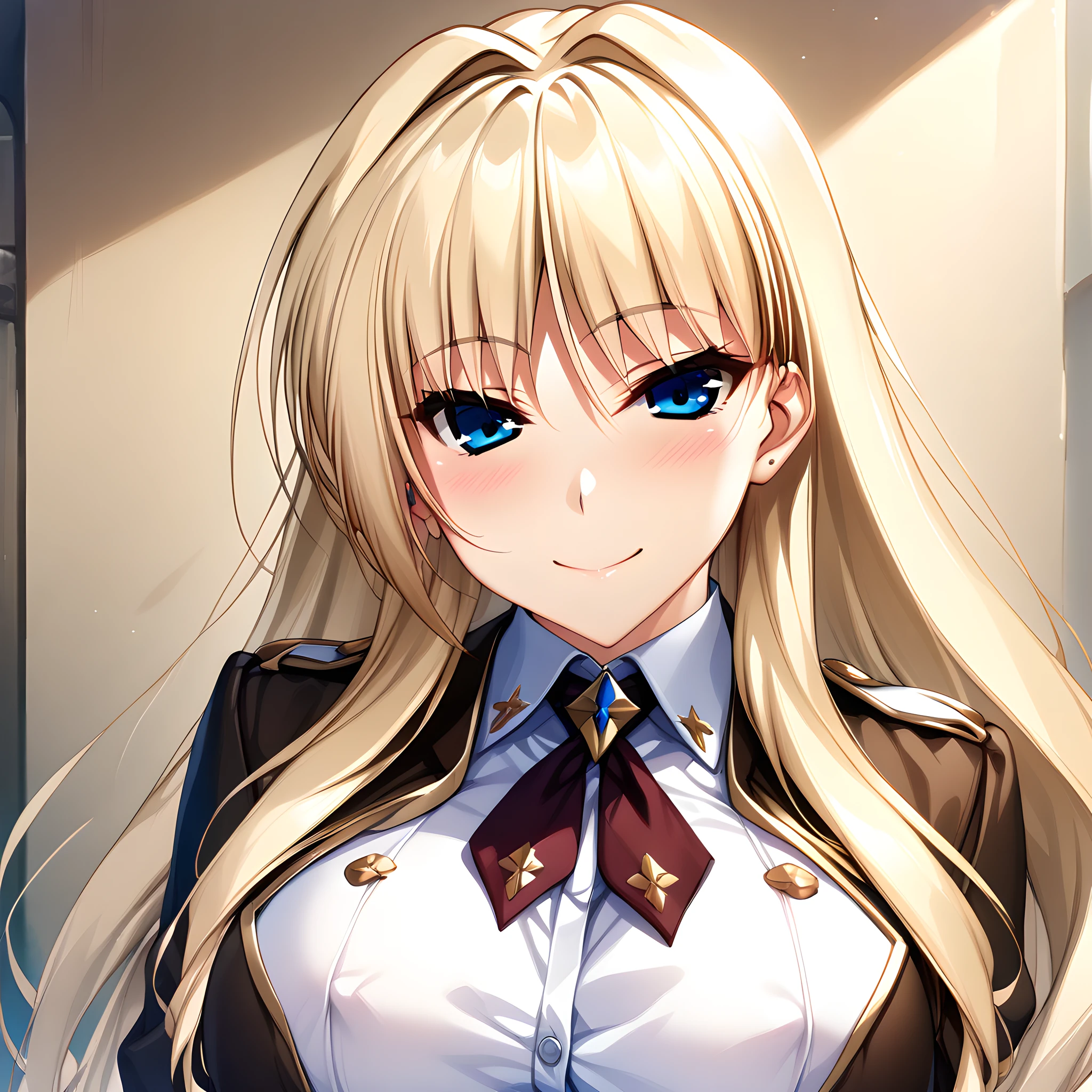 1girl, solo. silveria_leodiehl, blonde hair, blue eyes, large breasts, long hair, smile, portrait, close up, uniform, <lora:XL-SilveriaLeodiehl:1>, (masterpiece),(best quality),(ultra-detailed),(best illustration),(best shadow),(absurdres),(detailed background),(very aesthetic),