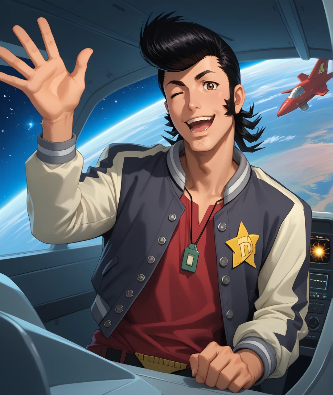 score_9, score_8_up, score_7_up, spacecraft, star \(sky\), cockpit, sparkle,
BREAK
1boy, solo, manly, dandy \(space dandy\), space dandy, (muscular), pompadour, sideburns, black hair, letterman jacket, open jacket, red shirt, one eye closed, brown eyes, big smile, open mouth, looking at viewer, waving,
<lora:spacedandy:1>