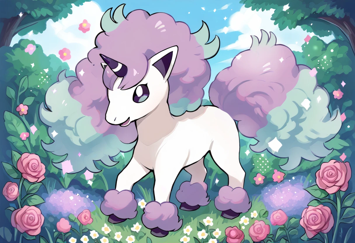 score_9, score_8_up, score_7_up, source_anime  BREAK
garden, flower field, flowers, roses
G_P0NYT4, white fur, white body, quadraped, purple and teal mane, purple and teal tail, purple and teal fetlocks, purple eyes, light blue irises, purple hooves, horn, purple horn, white stripe,  purple inner ears, animal focus, no humans, pokemon (creature)
(standing:1.5), facing viewer, looking at viewer, open mouth, smile, happy
 <lora:Galarian_Ponyta-000011:1>