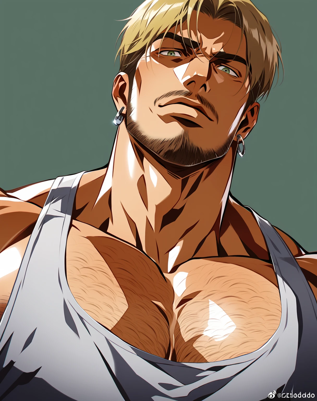 score_9, score_8_up, score_7_up, score_6_up, mike zacharias, facial hair, muscular neck, tank top, nipple slip, huge pectorals, chest hair, pectoral cleavage, earring, looking at you, portrait, close up, best quality, best aesthetic, year 2023, high details, realistic, dizdoodz style, (from below)<lora:EMS-459941-EMS:0.800000>