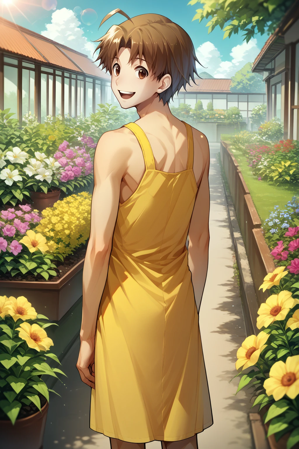 score_9, score_8_up, score_7_up, BREAK solo, 1boy, <lora:NSHisaoKatawa:1> NSHisaoKatawa, brown eyes, brown hair, short hair, ahoge, yellow sundress, from behind, looking back, garden, lens flare, flowers, happy