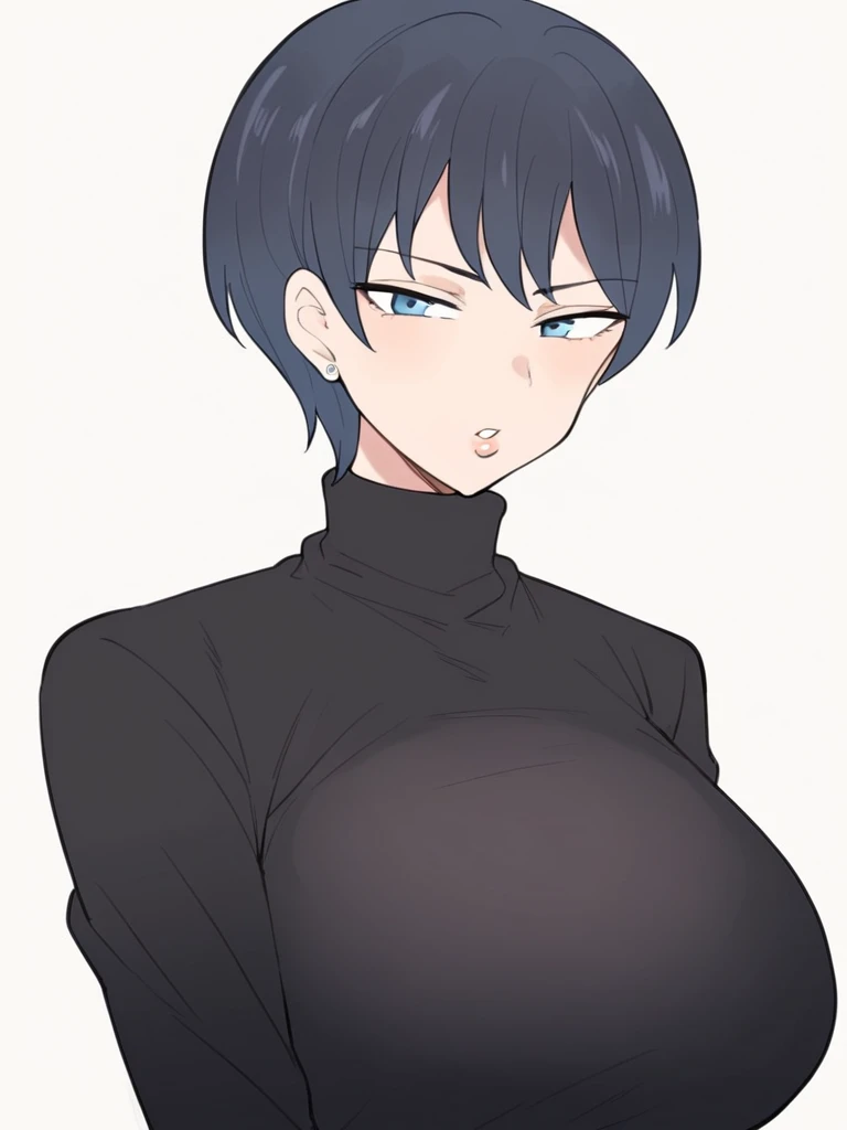 score_9, score_8_up, score_7_up, 
1girl, izuki mc, short hair, black hair, mature female, blue eyes,
huge breasts,

black t-shirt, turtleneck, long sleeves, frown, parted lips, narrowed eyes, looking at viewer, white background,