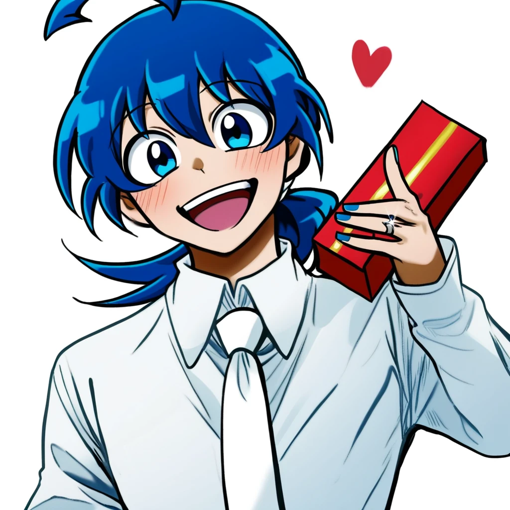 Mairimashita, solo, looking at viewer, blush, smile, open mouth, blue eyes, simple background, shirt, long sleeves, 1boy, white background, holding, jewelry, blue hair, white shirt, upper body, ponytail, ahoge, male focus, heart, necktie, collared shirt, nail polish, ring, box, gift, blue nails, valentine, white necktie