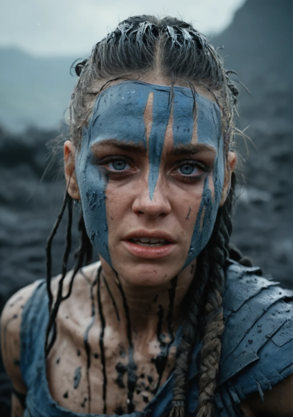cinematic photo analog style portrait of Close-up of ((woman)) in Hellblade: Senua's Sacrifice, emerging from black mud, long hair with dreads, war blue paint, paint fading, angry expression, dirty face, finely detailed eyes, moody, viking clothes, epic scene, epic composition, Photography, Cinematic Lighting, Volumetric Lighting, ethereal light, intricate details, extremely detailed volumetric rays . Analog-style aesthetic, Retro, scanlines, Video noise, Vignette effect, Color bleeding, Chromatic aberration, Low-resolution, Retro color palette