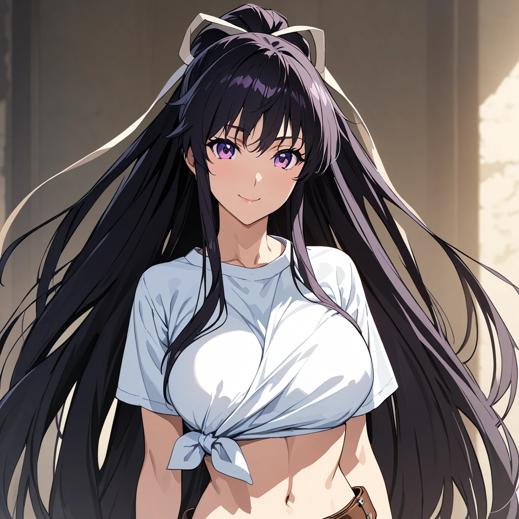 (masterpiece),(best quality),(ultra-detailed),(best illustration),(best shadow),(absurdres),(detailed background),(very aesthetic), kanzaki_kaori, 1girl, solo, black hair, purple eyes, long hair, large breasts, navel, midriff, very long hair, side tied shirt, white t shirt , belt, ribbon, smile, upper body, portrait, close up, anime coloring<lora:Kanzaki_Kaori:1>