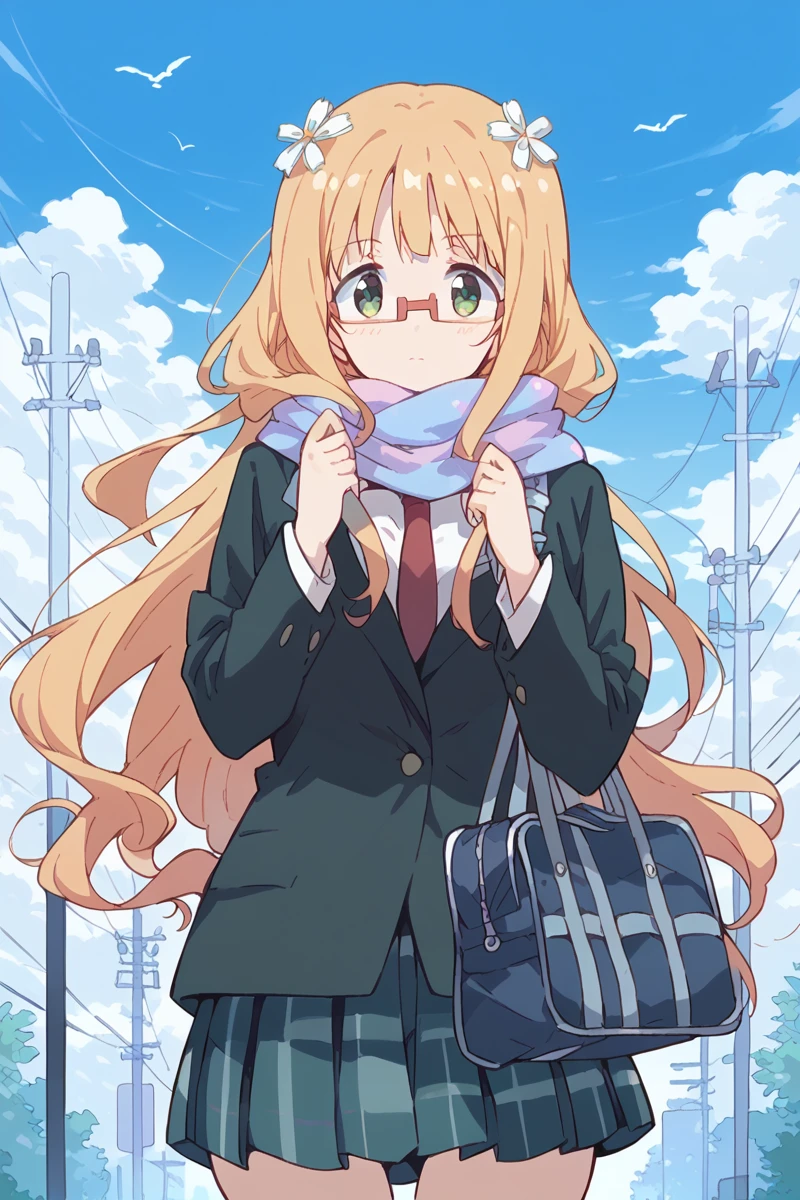 score_9, score_8_up, score_7_up, score_6_up,
 <lora:Mitsuki_Sonoda:1> mitsuki, 1girl, solo, long hair, glasses, hair ornament, scarf, school uniform, power lines, bag, necktie, hair flower, sky, green eyes, flower, blonde hair