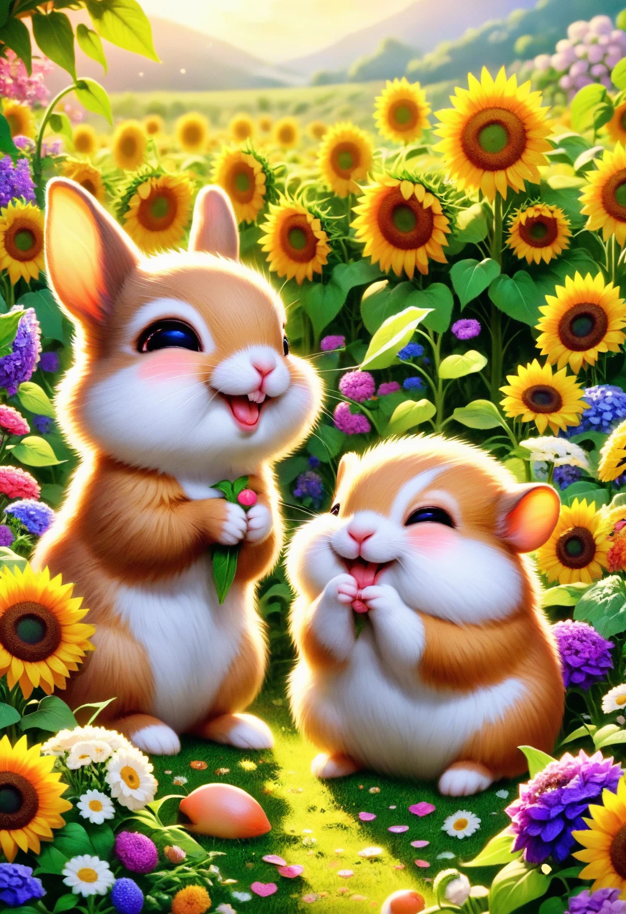 In a vibrant meadow filled with sunflowers and blossoming flowers, a bunny and a hamster giggle, <lora:PinkieChbPtsSDXL:0.8>, p1nkch1b1p3ts, chibi animal, no human,