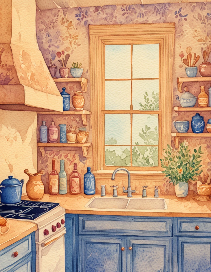 novuschroma75 style watercolor a kitchen  <lora:novuschroma75 style:1>, <lora:sdxl_lightning_8step_lora:1>