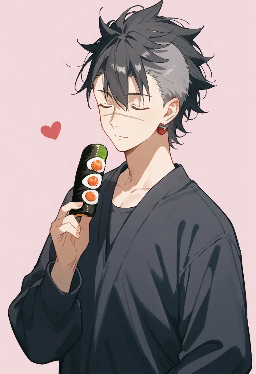 score_9, score_8_up, score_7_up, source_anime, rating_safe, holding sushi, heart, SaitoSNS, red Saito earrings, (black-grey Saito hair), closed Saito eyes, Saito scar, 1boy, male focus, casual clothes, simple light pink background, cute wallpaper