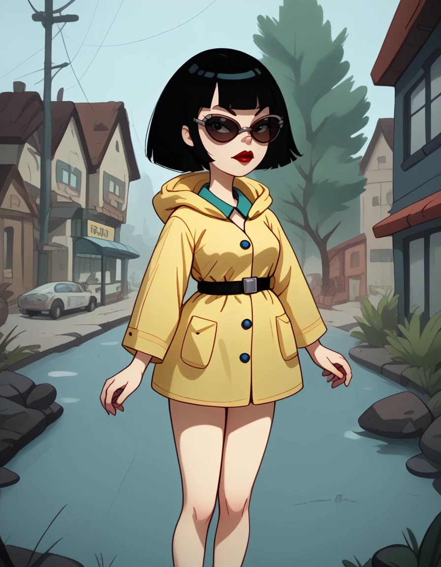 <lora:Ms_Mushburgur:1>1girl, pale, artsy, makeup, black bob-cut hair, blunt bangs, raincoat, bare legs, goofy sunglasses,, source_cartoon, score_9, score_8_up, score_7_up,