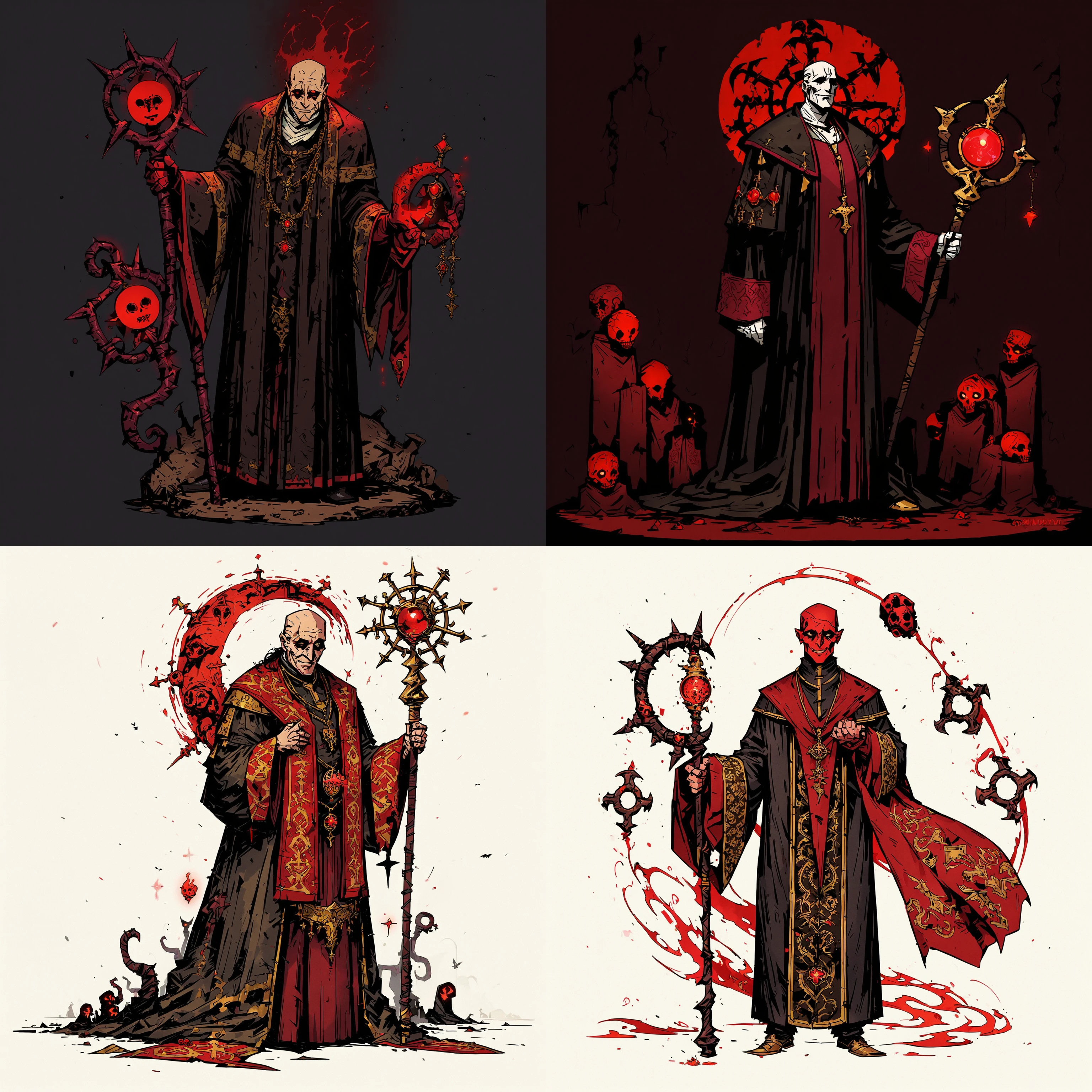 masterpiece, best quality, ddstyle, dsview, white background, simple background, full body, solo,
This medieval evil priest is clad in a black robe, holding a staff embedded with a ruby that emits a dark red glow. A cunning smile lingers on his face, while his sunken eyes glimmer with a cold, merciless gaze. Around his neck hangs a necklace adorned with ominous symbols, signifying his devotion to dark powers,
<lora:DDstyleV1-000024:0.8>