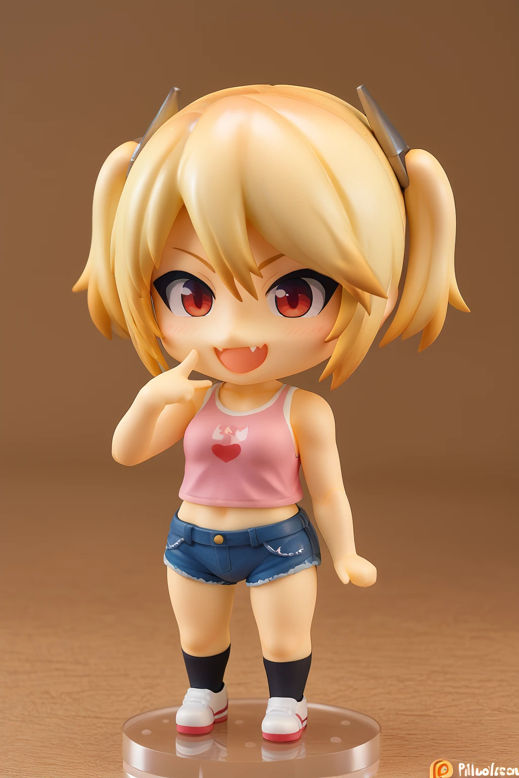 score_9, score_8_up, score_7_up, BREAK, solo, 1girl, figure, pink shirt, tank top, blonde hair, twintails, medium hair, red eyes, skin fang, small breasts, midriff, denim shorts, sneakers, white footwear, black socks, mesugaki, smug, hand to own mouth, (nendoroid:1.4)<lora:EMS-458831-EMS:1.000000>, <lora:EMS-393293-EMS:0.800000>