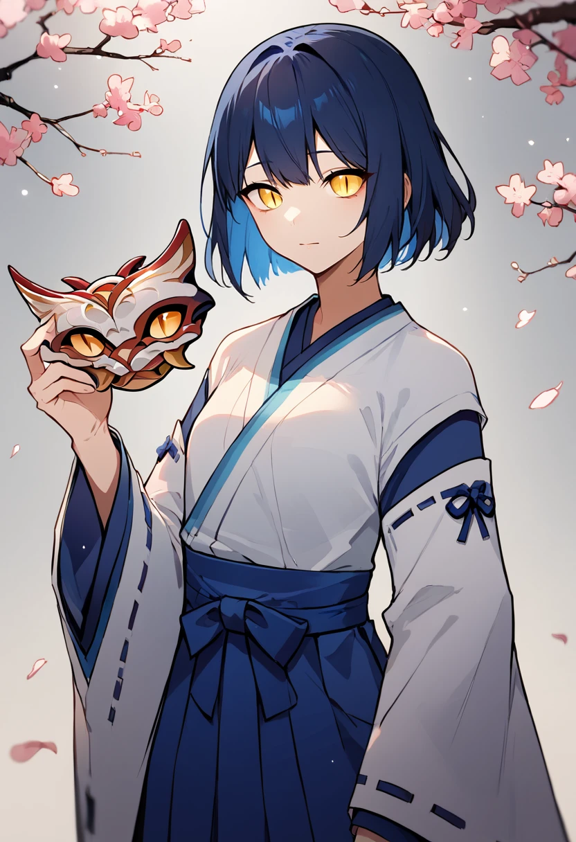 score_9, score_8_up, score_7_up, uncensored, masterpiece, best quality, source_anime BREAK 1girl, solo, tsumi, mask, blue hair, dark blue hair, short hair, yellow eyes, slit pupils, snake mask, Expressiveh, japanese clothes, miko, kimono, hakama, hakama skirt, blue hakama, wide sleeves, sleeves past wrists, skirt, holding mask, unworn mask, mask removed, cowboy shot <lora:Expressive_H:0.6> <lora:add-detail-xl:0.5> <lora:KazariHanachirusato:0.85>