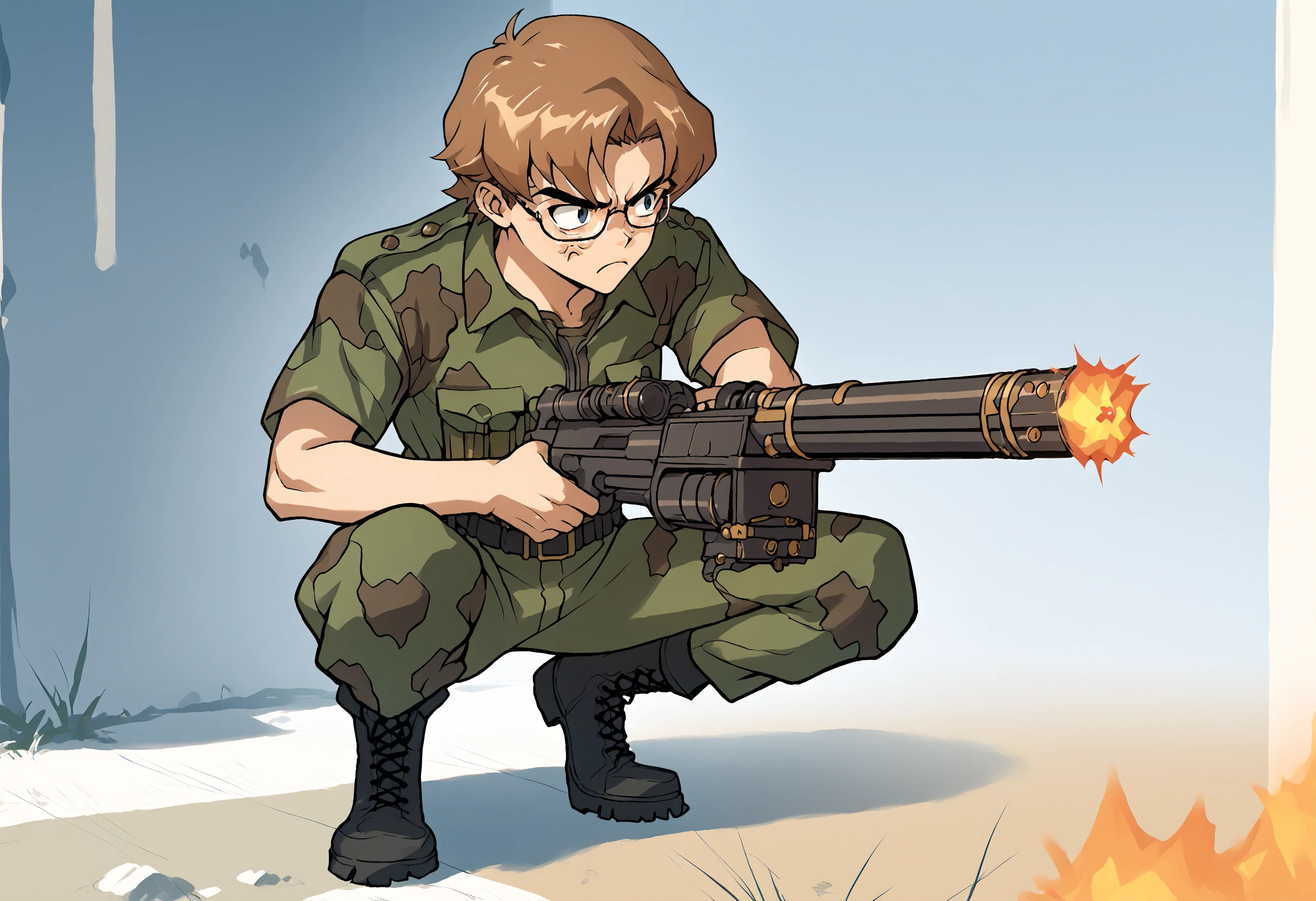 score_9, score_8_up, score_7_up, score_6_up, source_anime, comokensuke, glasses, 1boy, male focus, military uniform, <lora:Degen_kensuke_alpha:.9>  camouflage, angry outdoors, belt, pants, boots, <lora:GatlingGun_pdxl_Incrs_v1:1> gatling gun, holding gatling gun, firing, one  <lora:nikke-style-poses-richy-v1_pdxl:0.5>  nikkecrouching, full body, [kneeling/squatting/one knee],