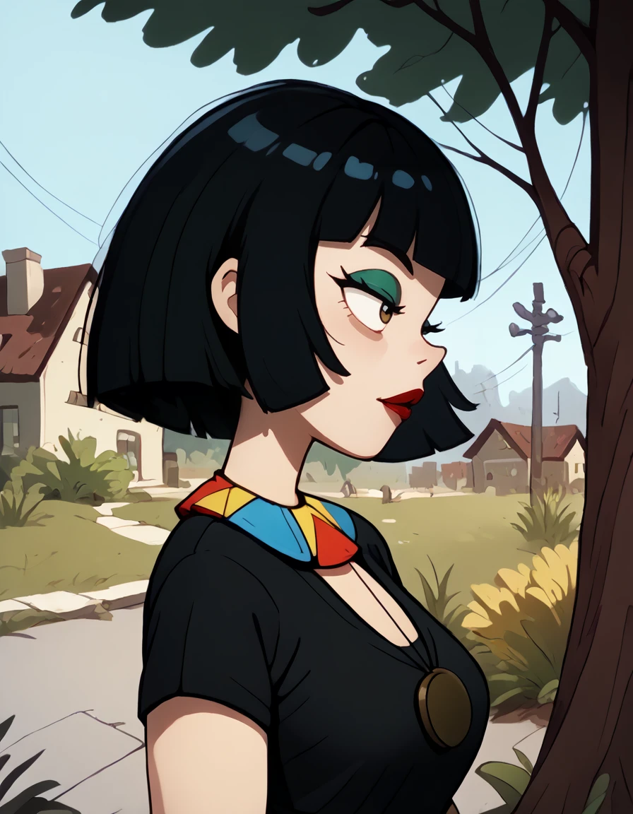 <lora:Ms_Mushburgur:1> 1girl, pale, artsy, makeup, black bob-cut hair, blunt bangs, colorful necklace with red blue yellow triangles,  black dress, portrait, outdoors, brown round pendant, side view, profile view, source_cartoon, score_9, score_8_up, score_7_up,