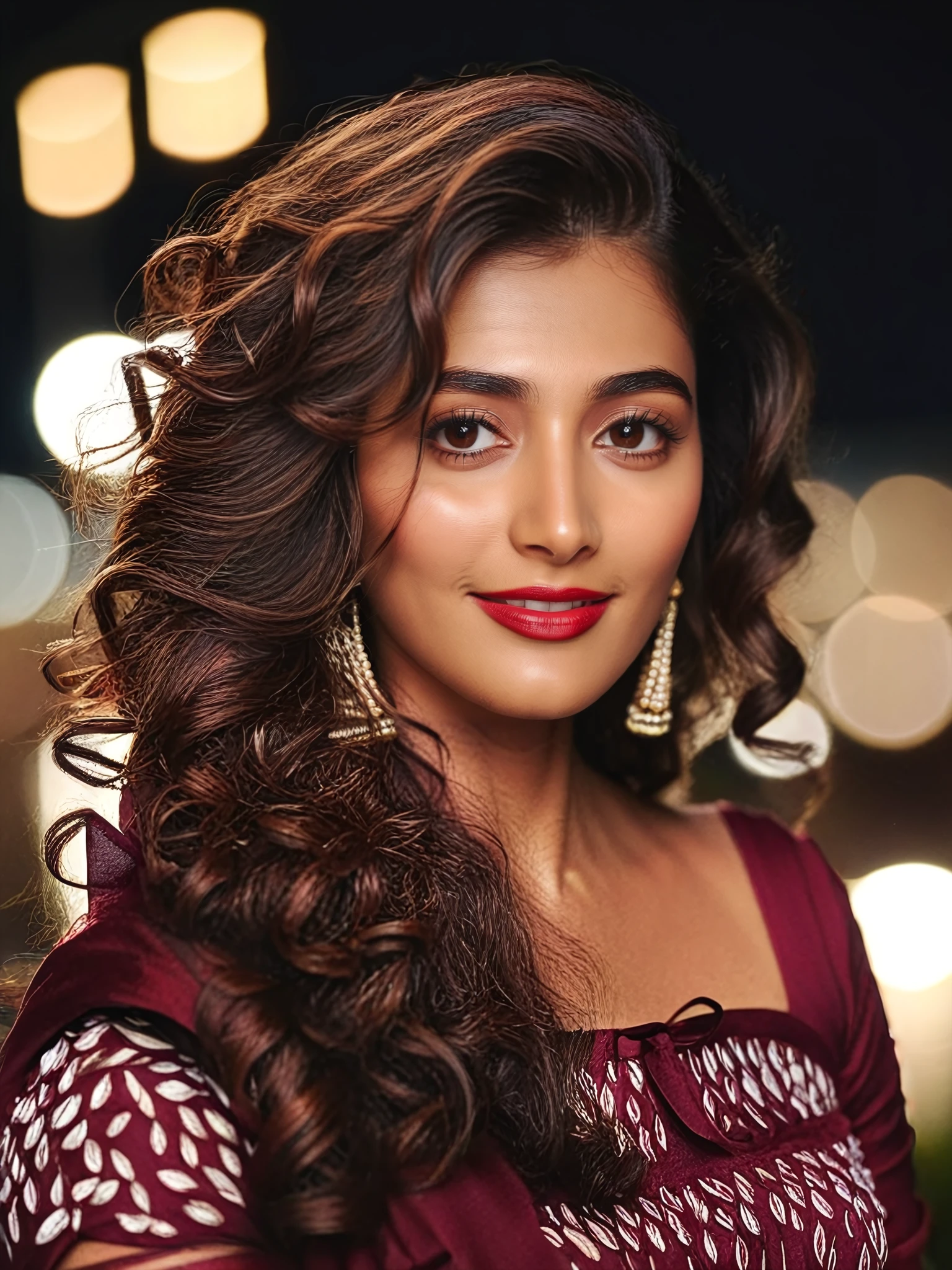 portrait photo of Pooja Hegde woman, solo, tightly tied hair curly hair, smile, looking at the camera, ethnic Burgundy , night time, contrasting background bokeh <lora:Pooja_Hegde_SDXL_LoRA_prodigy_local_xformers_HNE:1>