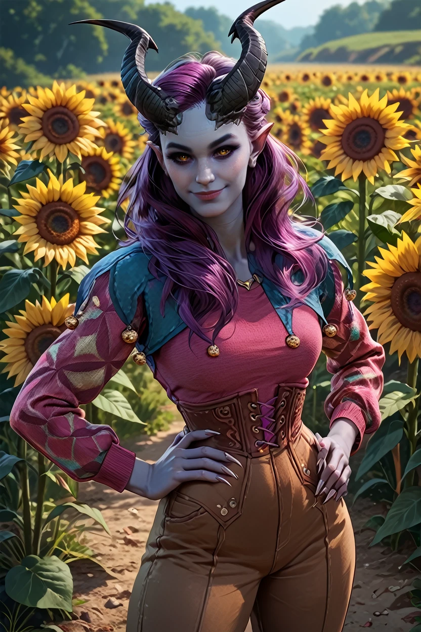 score_9, score_8_up, score_7_up, score_6_up
<lora:BGAlfira:1.0>
BGAlfira, 1girl,demon horns, purple hair, grey skin, long fingernails, looking at viewer, surrounded by sunflowers in a bright field, smiling, with hands on hips