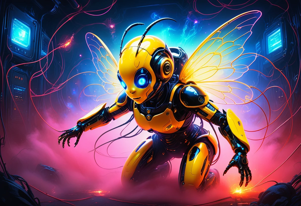 ethereal fantasy concept art of  Painting of a cute humanoid bee, boasting a biomechanical body armored in black and yellow, intertwined with neon-red glowing wires connected to machinery, set in a dystopian nightmare sci-fi backdrop, running from a cute devil ghost, a phantom entity comprised of red smoke, and an evil angel ghost made from blue smoke, manic eyes wide and a terror-struck smile, all playing out in . magnificent, celestial, ethereal, painterly, epic, majestic, magical, fantasy art, cover art, dreamy