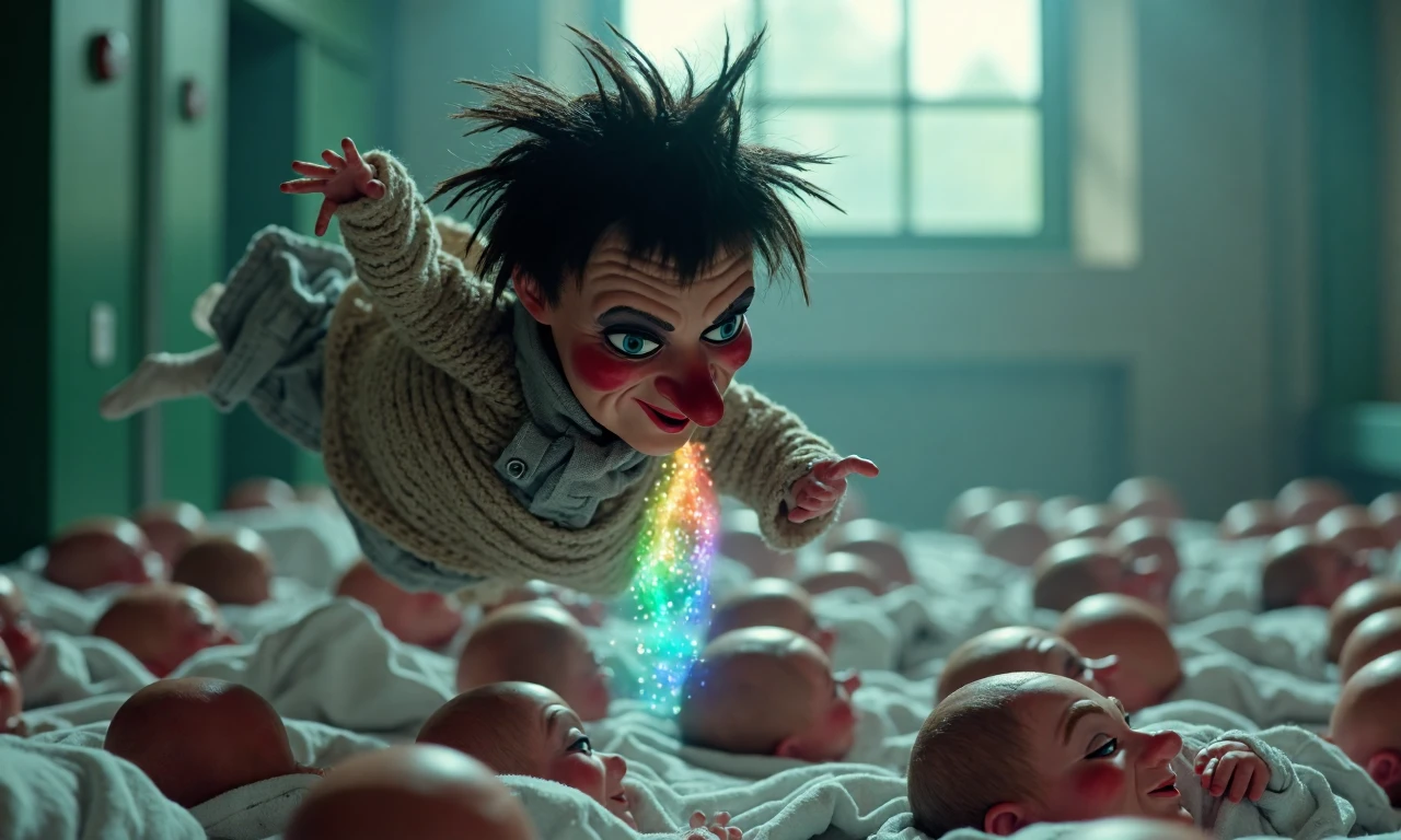 horror-themed nightmare scene, an evil creepy doll with bad hair in rags is floating through a hospital nursery. She is stealing the souls of dozens of bald sleeping  babies. The sleeping bald babies have their eyes closed. Iridescent apparitions of themselves seep from their heads into the air, while the floating doll opens her mouth to inhale the apparitions, nighttime <lora:Lady_Elaine_FairchildeFLUX:0.65>  . eerie, unsettling, dark, spooky, suspenseful, grim, highly detailed