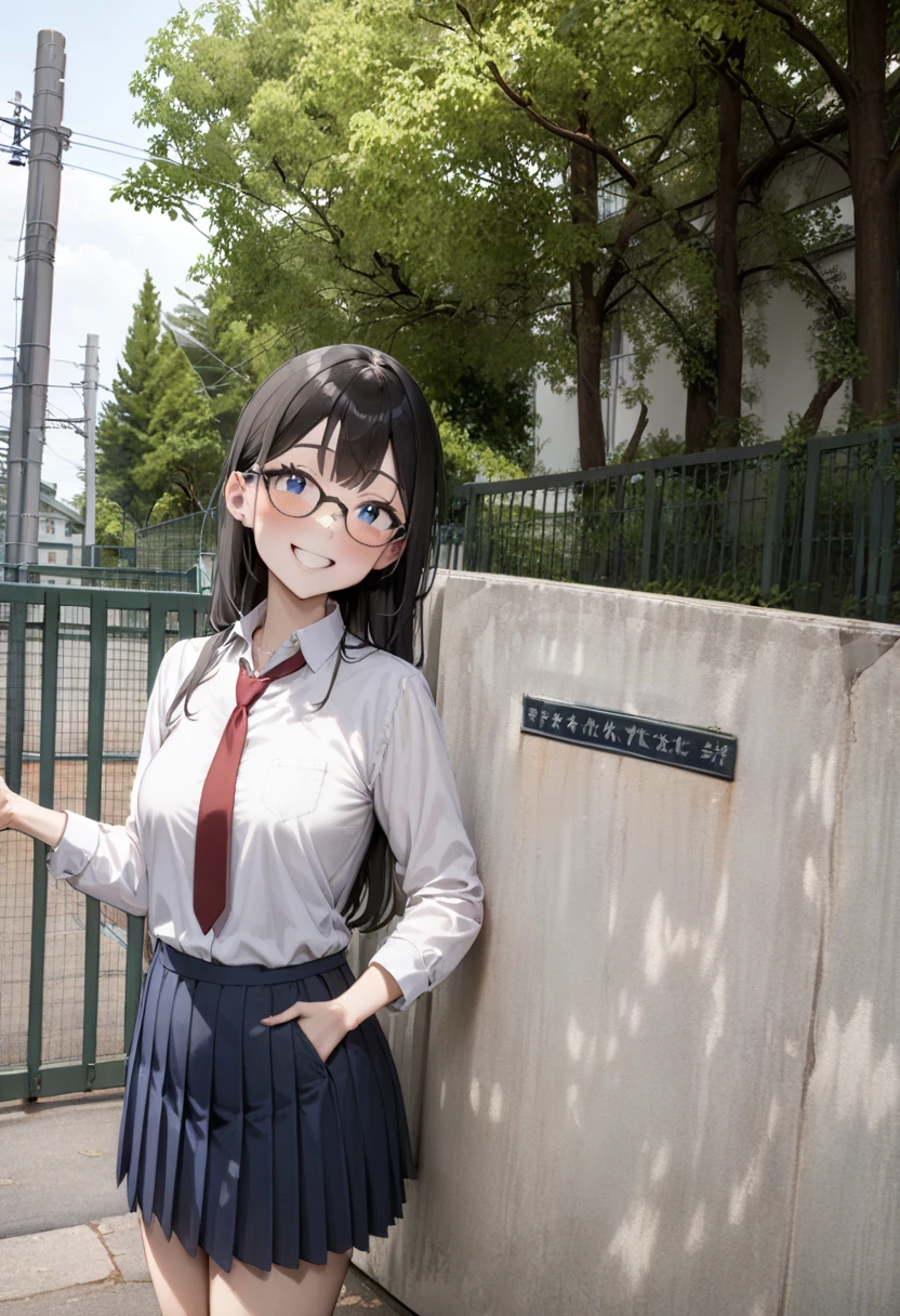 masterpiece, best quality, very aesthetic, absurdres,
1girl, solo, glasses, black hair, long hair, blue eyes, collared shirt, red necktie, pleated skirt, blue skirt, looking at viewer, blush, smile, happy, 
school gate, scenery, tree, outdoors, fence, day, building, power lines, real world location, sky
<lora:schoolgate_SDXL_V1:1>