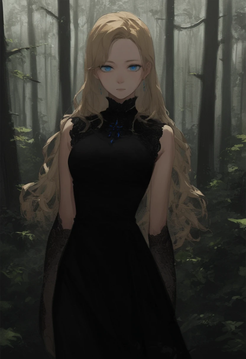 score_8_up, source_anime, adult woman, blonde hair, black dress, forest, blue eyes , looking at viewer, 
<lora:DarkerThanDarkV1:0.5>