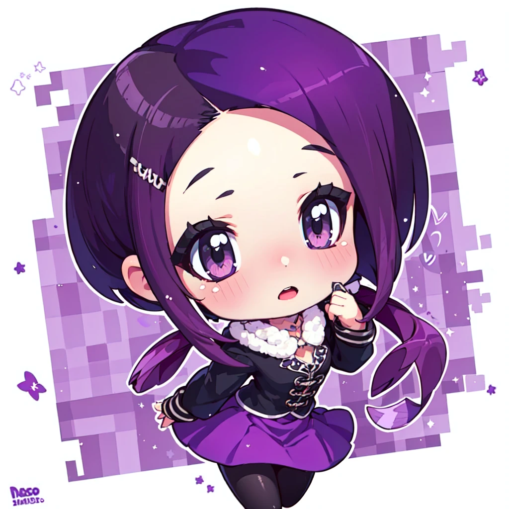 (masterpiece, best quality) chibi, 1girl, pale skin, tattoos, looking at viewer, (short hair with long locks:1.3), purple hair, big black jacket, long purple skirt, black pantyhose, white eyes, goth, purple lips, makeup <lora:unknown_chibi_style1:1>