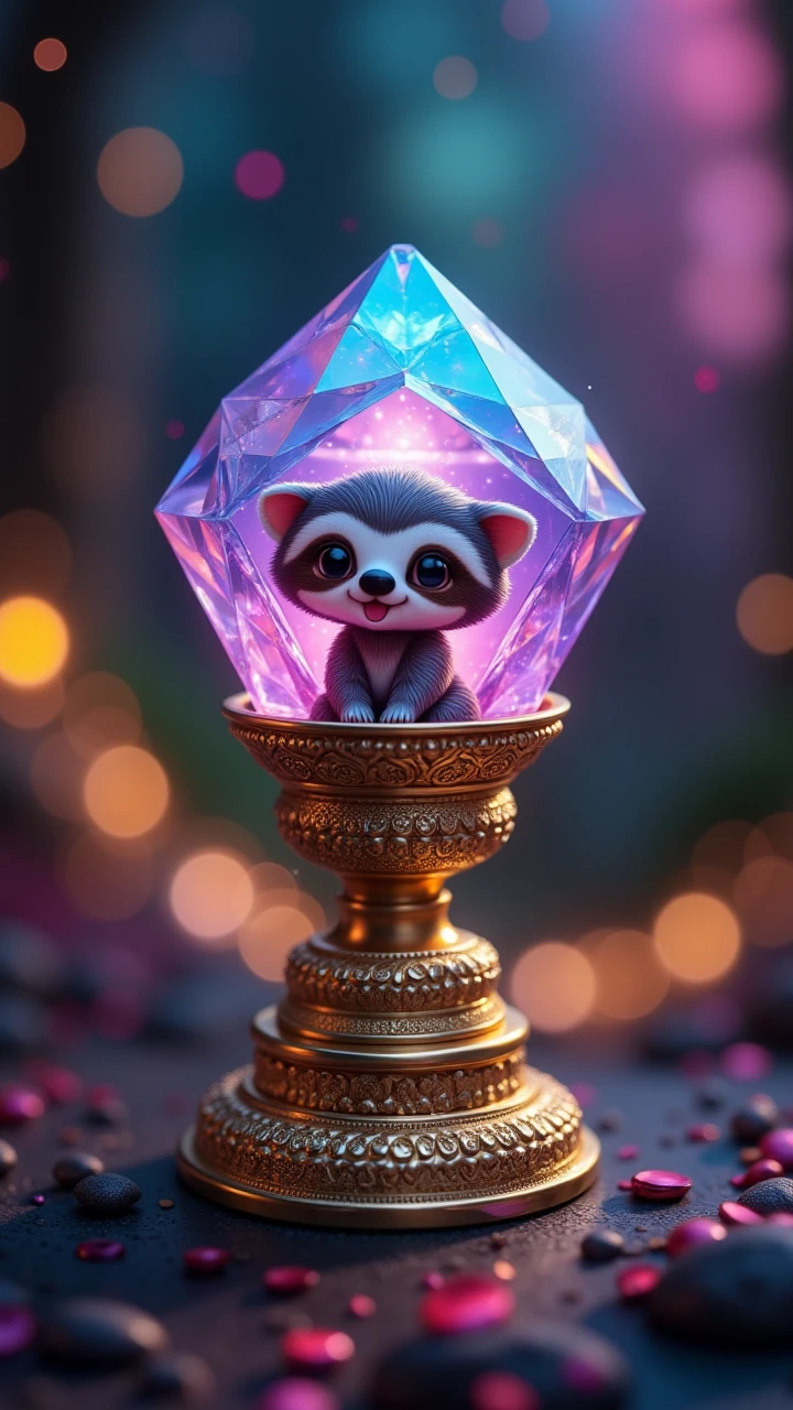 the most magic Diamond with little Sloth King Chibi inside, with magic power, the blurry bokeh background is full of psychadelic colors and shapes, silver frame, gold object