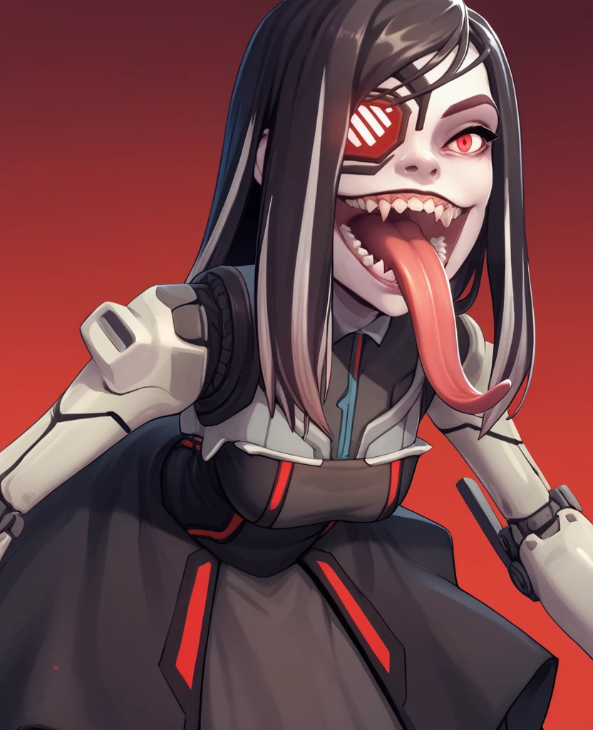 score_9, score_8_up, score_7_up, score_6_up, beatrixxl, red eyes,  black hair, grey streaked hair,   long hair eyepatch, mechanical arms, 
black dress,  smile,     sharp teeth,   open mouth,  leaning forward,  long tongue out, 
 solo,   standing, smile,  looking at viewer,      
red sky,  night,   
  looking at viewer,  <lora:BeatrixXL:0.8>