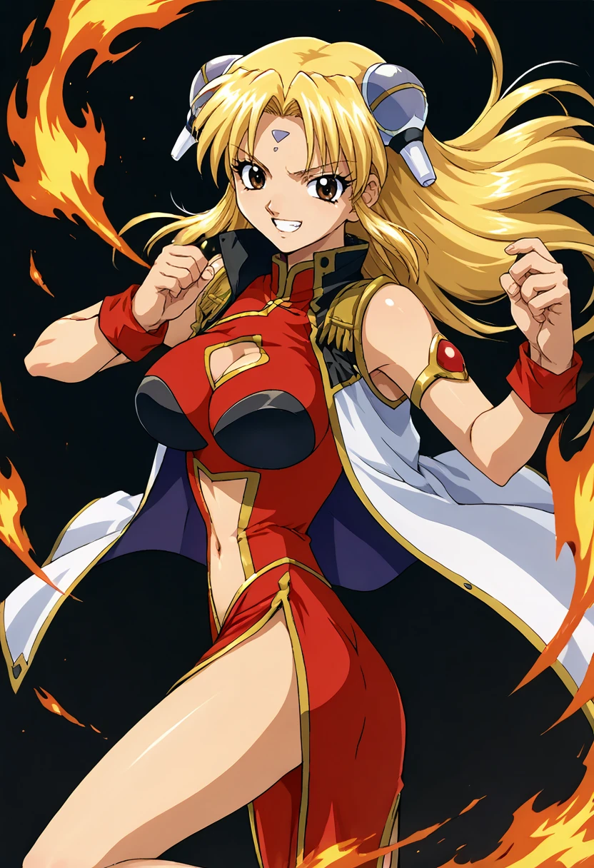 score_9, score_8_up, score_7_up, source_anime BREAK 1girl, solo, ga_ranpha, (1990s\(style)\:0.3), cowboy shot, fighting stance, kawaii, China dress, red dress, cleavage cutout, white jacket, navel cutout, pelvic certain, wrist cuffs, arm band, large breasts, blonde hair, parted bangs, gray hairpods, forehead mark, long hair, brown eyes, looking at you, grin, open mouth, standing on one leg, fire background <lora:ga_ranpha:1> <lora:cnv3mdde878c738thn20:0.5>