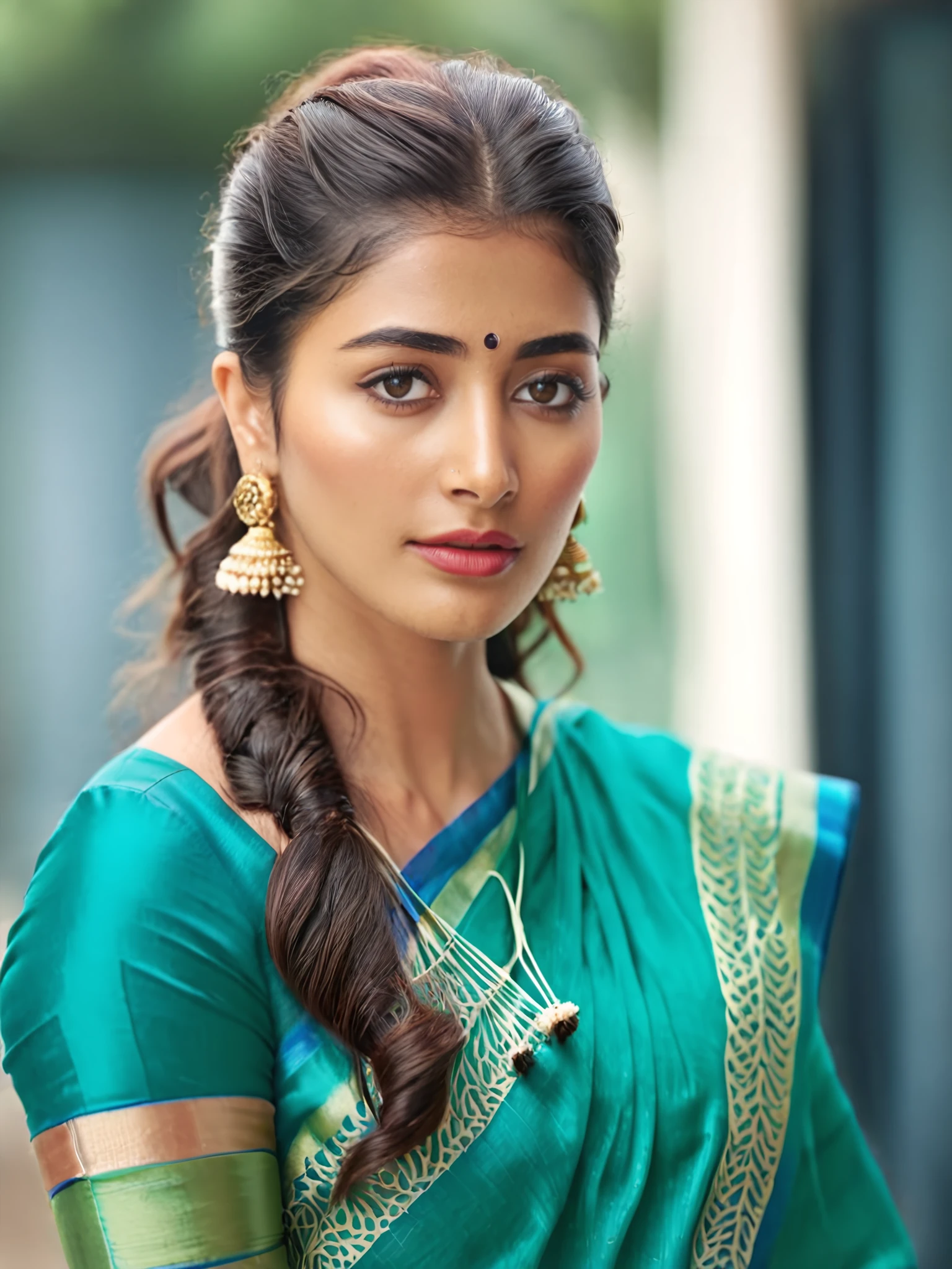 portrait photo of Pooja Hegde woman, solo, ponytail curly hair, serious look, looking at the camera, ethnic Teal saree and blouse, , contrasting background bokeh <lora:Pooja_Hegde_SDXL_LoRA_prodigy_local_xformers_HNE:1>