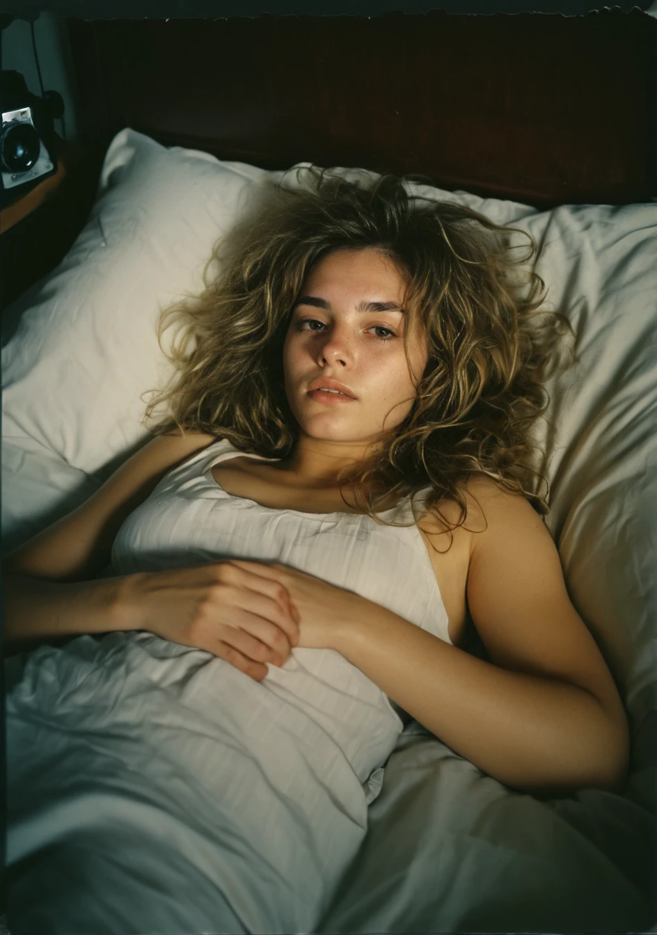 Old faded polaroid photo, a woman lying on a bed, messy wavy hair, tired after a long day, business atire, analog film, chiaroscuro, sharp focus, 8k, UHD, award winning photography, ultra high res, DSLR, masterpiece, ultra detailed, intricate details, 35mm photograph, kodachrome, masterpiece, natural lighting